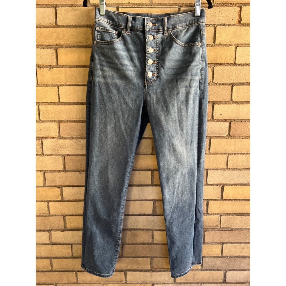 Express Slim Super High Rise Jeans Medium Wash Button Fly Size 8R Stretch Denim